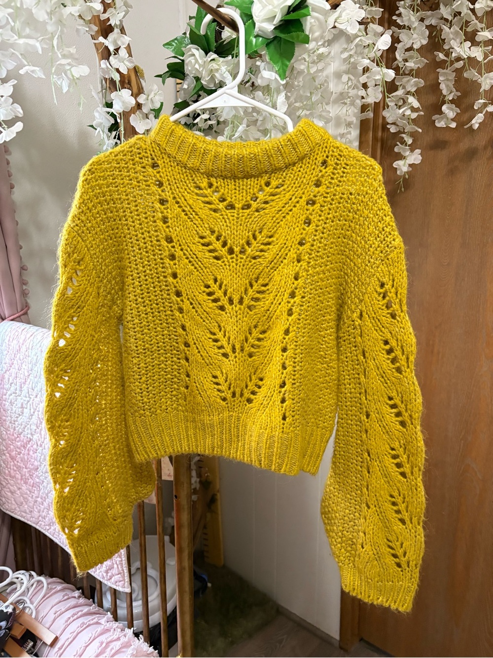 Cropped Openwork Crewneck Sweater in Mustard Yellow